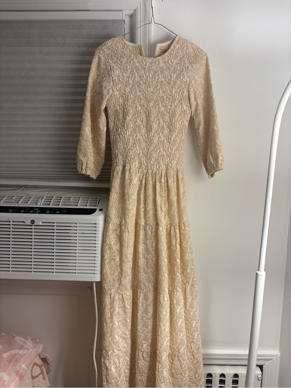 Smocked Cream Tiered Maxi Dress with Embroidered Detail